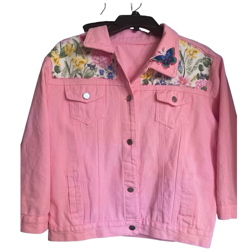 Refashion Pink Denim Jacket – “I’m Hung Up On You” Sloth Embroidered Back - Picture 2 of 2